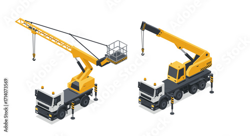 Isometric construction trucks with crane lifts for urban building projects