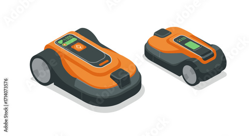 Modern robotic lawn mowers in isometric design for efficient lawn care
