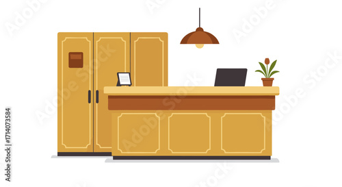 Modern reception desk with vintage cabinet and hanging light