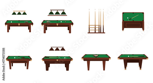 Set of billiard and pool tables with cues and rack in flat style