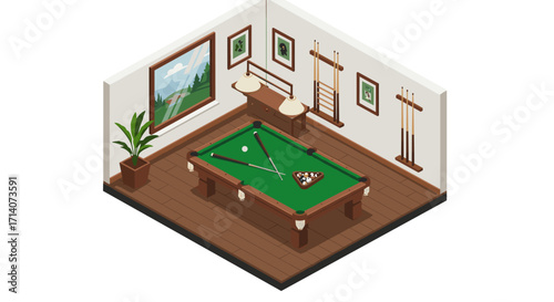 Cozy game room with isometric billiard table and accessories in a stylish interior