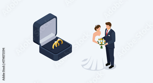Isometric bride and groom with wedding rings in box on light background