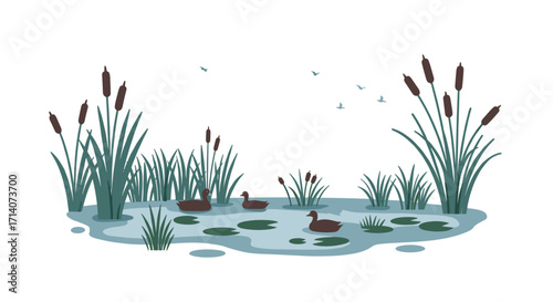 Peaceful pond scene with ducks and cattails in soft pastel colors