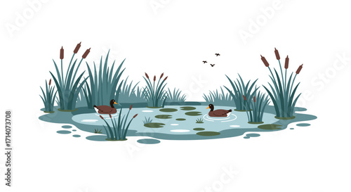 Peaceful pond with ducks and reeds in minimalist style