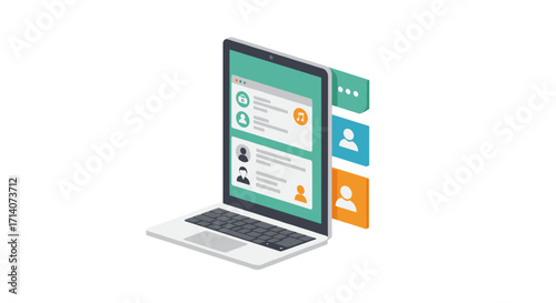 Isometric laptop displaying social media profile and messages