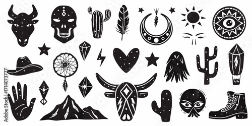 Collection of boho western and mystic symbols including bull skull cowboy hat cactus and crystals