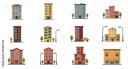 Colorful urban apartment buildings collection with trees and street lamps