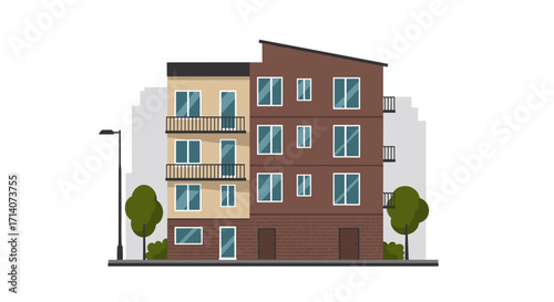 Modern apartment building with balconies and trees in a flat design