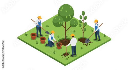 Isometric teamwork in tree planting on a green field