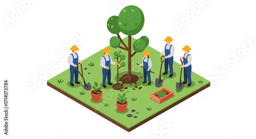 Team of gardeners planting trees in an isometric garden scene