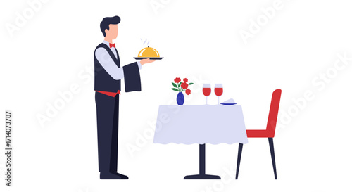Elegant waiter serving dinner in restaurant with red accents