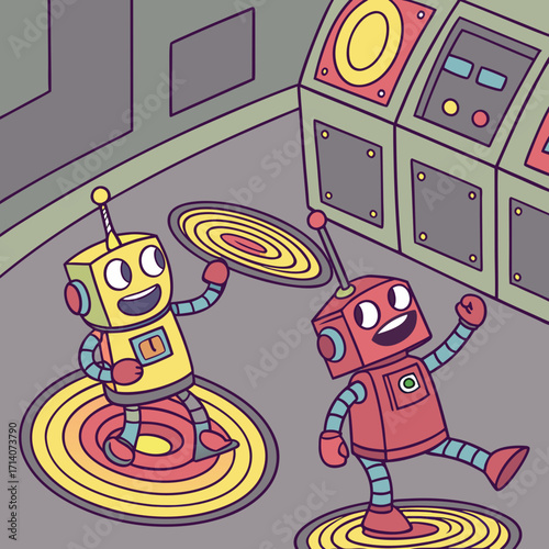 Two cheerful cartoon robots one yellow and one red joyfully dancing on colorful circular platforms inside a retro futuristic control room