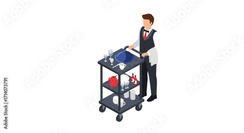 Isometric waiter with service cart and tableware in modern restaurant setting