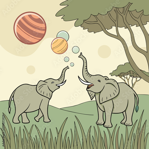 Two playful cartoon elephants in a savanna landscape blowing colorful bubbles towards each other under a large acacia tree