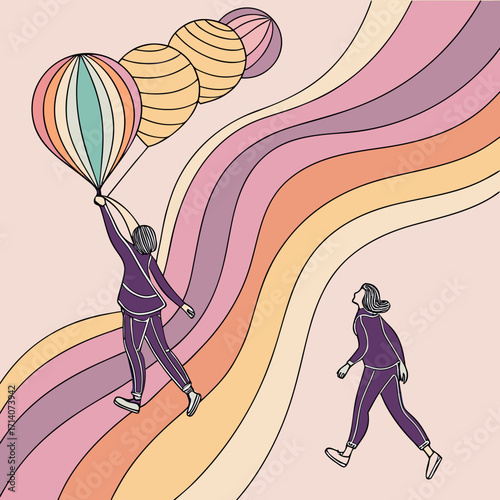 Two individuals with a sense of wonder and aspiration one soaring with colorful balloons against a backdrop of flowing pastel waves symbolizing dreams and journeys