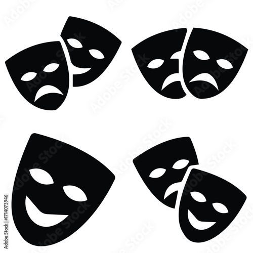Theater mask icon set. Masquerade icon on transparent background. Drama theater mask sign. Happy and sad mask symbol with line or outline and flat style.