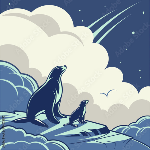 Two seals on an icy cliff looking up at a starry night sky with a shooting star and dramatic clouds