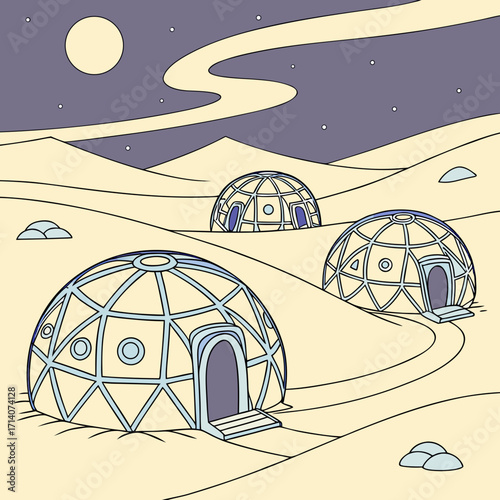 Whimsical cartoon illustration of a futuristic alien planet landscape at night with a large moon and aurora borealis above geodesic dome habitats