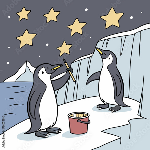 Whimsical cartoon illustration of two adorable penguins painting yellow stars onto a dark night sky in antarctica with a bucket of paint and brush