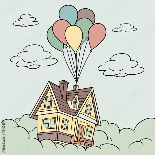 Whimsical cartoon illustration of a charming yellow house lifted into the sky by a cluster of colorful balloons surrounded by fluffy clouds
