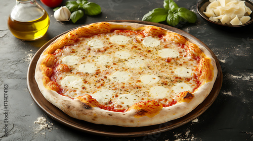 Delicious traditional Italian pizza topped with hot melted cheese and fresh basil on classic background, perfect for any meal