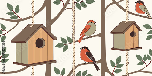 Create a realistic digital illustration featuring a variety of birdhouses and birds arranged in a visually pleasing layout. Include different styles of birdhouses—some hanging, some mounted on poles o