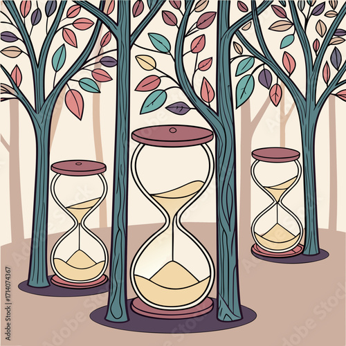 Whimsical forest scene with three hourglasses nestled amongst stylized trees and colorful autumn leaves symbolizing the passage of time