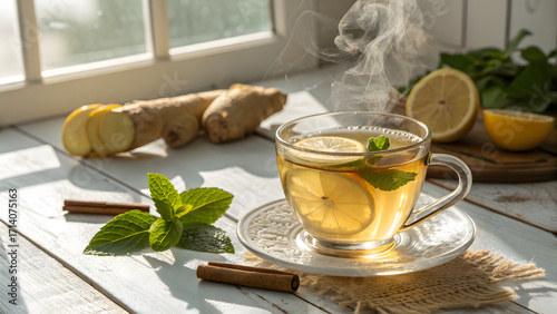 Invigorating ginger and lemon tea served in a glass cup with fresh mint and cinnamon sticks near a sunny window.