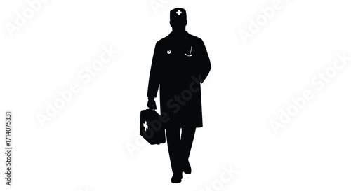 Silhouette of a doctor walking with a medical briefcase in hand