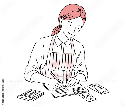電卓やレシートのある机の上で家計簿ノートを書く主婦のおしゃれな線画アイコンベクターイラスト / 家計 / 女性 / ラインアート