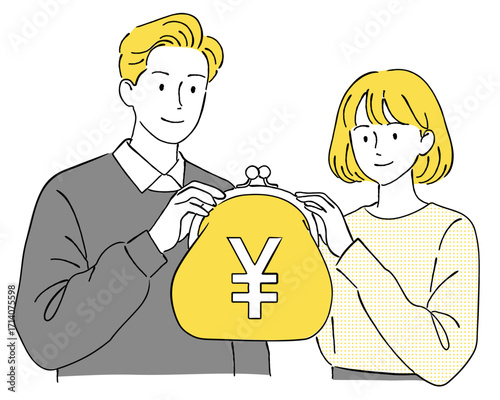 笑顔でがま口財布を持つ若い夫婦のおしゃれな線画アイコンベクターイラスト / 家計 / 男女 / ラインアート