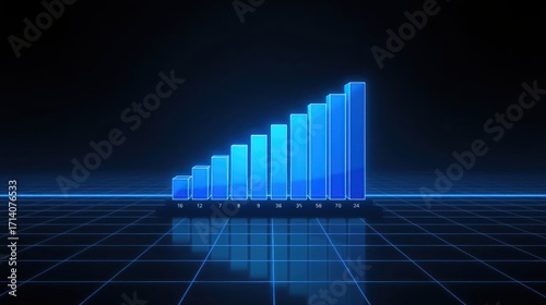 Financial Growth Visualization Blue 3D Bar Graph on Digital Grid, Business Progress Concept
