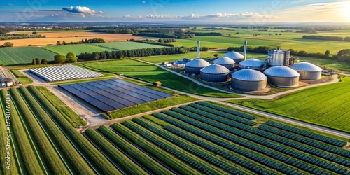 Aerial View of Sustainable Agriculture and Biogas Plant Featuring Solar Panels and Lush Green Fields