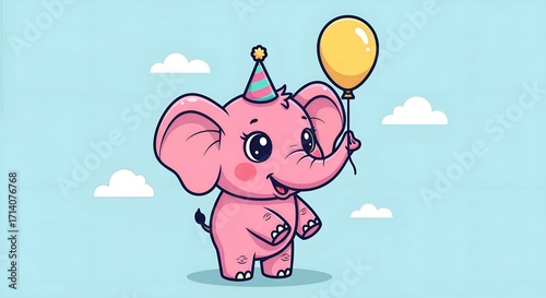 Adorable pink elephant with party hat joyfully holds a bright yellow balloon against a cheerful sky with fluffy clouds