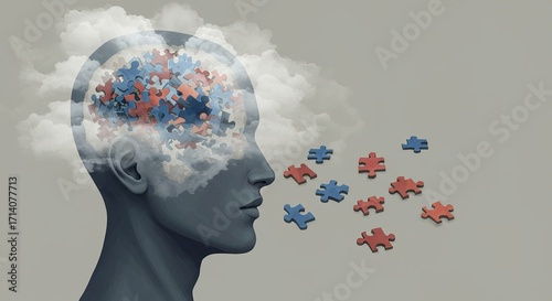 Brain fog, Stylized human silhouette with puzzle pieces depicting thought and creativity.