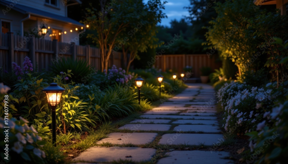 create a serene and inviting garden path scene at dusk featuring solar lights to enhance tranquility, position the solar lights strategically along the garden path create a serene and inviting garden path scene at dusk featuring solar lights to enhance tranquility, position the solar lights strategically along the garden path
