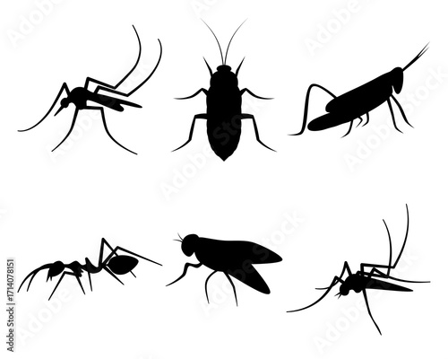 Silhouettes of an ant, a fly, a mosquito, a cockroach, and a grasshopper isolated on a white background. Each insect is illustrated in clean black shapes, showing distinctive features such as wings.