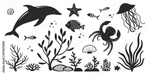 Black silhouette illustration of various marine life and ocean elements on a white background. Includes diverse sea creatures such as dolphins, seahorses, octopuses, jellyfish, starfish, crabs, fish, 