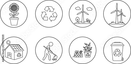 eco, sustainability, environment, recycling, renewable energy, wind turbine, solar house, gardening, compost, waste bin, vector, black, white, design, art