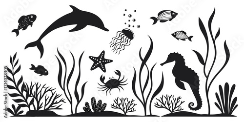 Black silhouette illustration of various marine life and ocean elements on a white background. Includes diverse sea creatures such as dolphins, seahorses, octopuses, jellyfish, starfish, crabs, fish, 
