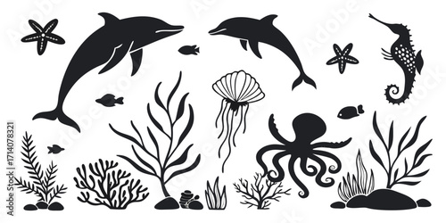 Black silhouette illustration of various marine life and ocean elements on a white background. Includes diverse sea creatures such as dolphins, seahorses, octopuses, jellyfish, starfish, crabs, fish, 
