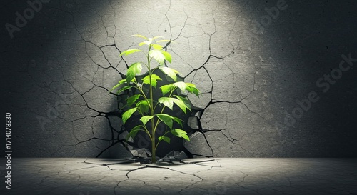 A resilient green plant growing through cracked concrete, symbolizing hope.