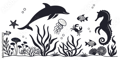 Black silhouette illustration of various marine life and ocean elements on a white background. Includes diverse sea creatures such as dolphins, seahorses, octopuses, jellyfish, starfish, crabs, fish, 