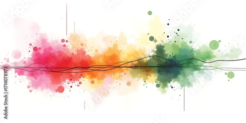 Abstract colorful watercolor splashes and ink lines on a white background paint splatter