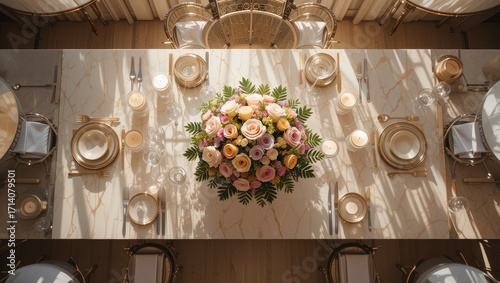 Elegant Tablescape Featuring Colorful Floral Centerpiece and Sophisticated Dining Setting