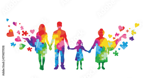 A vibrant group of multi-colored people, including children, smile and hold hands in a circle, celebrating friendship and joy