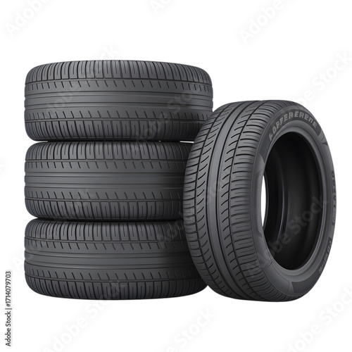 A stack of four new car tires with a detailed tread pattern and one tire standing upright in front of the stack isolated on a black background