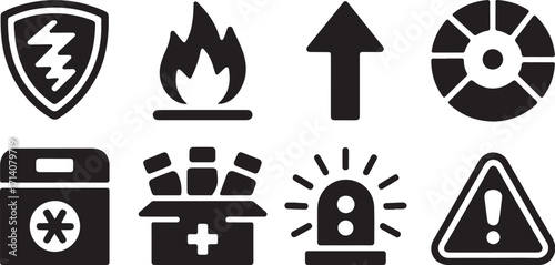 Essential safety icons for alerts, emergencies, and protection