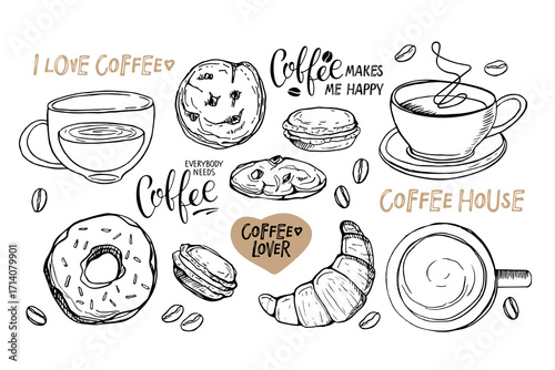 Breakfast. Pastries and Coffee set. Coffee covers collection. Beverage cups, beans, quotes. Vector hand drawn lettering. Banner, logo, coffee shop poster , restaurant, company, cafe. Breaking time.