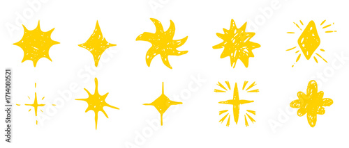 Star set crayon chalk pencil hand drawn scribble sketch or doodle design element. Textured sparkle figure school scribble bg. Crayon twinkle blink, firework, glitter silhouette and glowing symbols